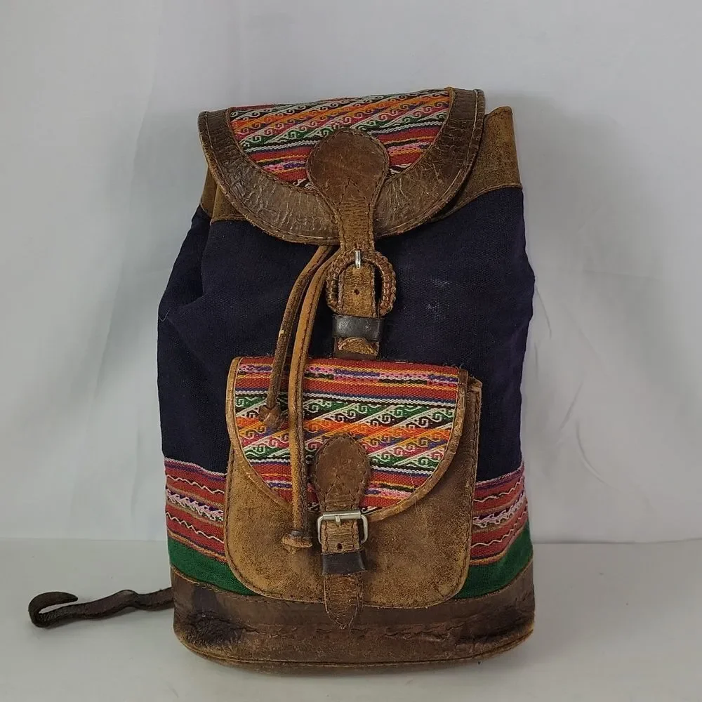 Vintage BHL Leather Ethnic Aztec Woven Wool Backpack